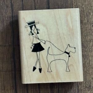 Charming Wooden Stamp with Lady and Dog Illustration